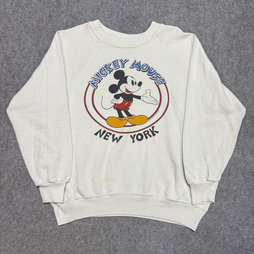 Vintage Mickey Mouse New York Sweatshirt Disney White Raglan Pullover 0244